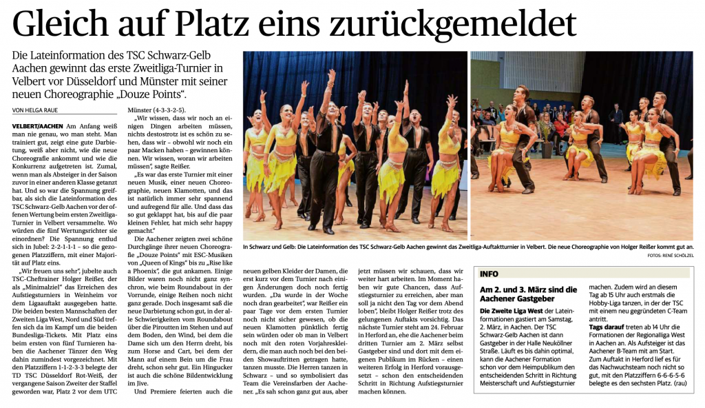 Zeitungsartikel der Aachener Zeitung zum Turnier der 2. Bundesliga Lateinformationen am 02.02.2024 in Velbert