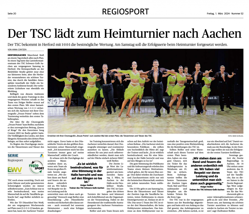 Presseartikel der Aachener Zeitung vom 01.03.2024 zum Heimturnier