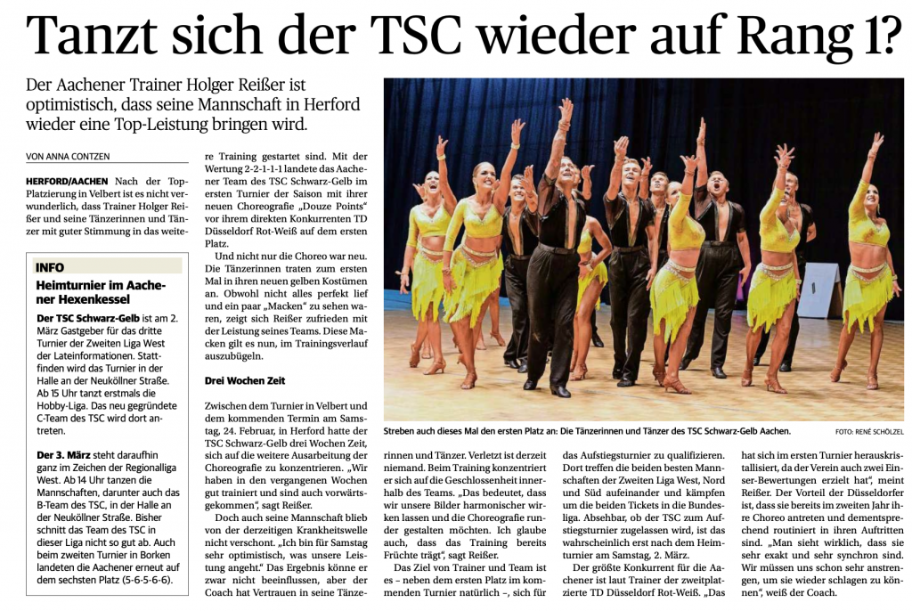Zeitungsartikel der Aachener Zeitung zum Turnier der 2. Bundesliga Lateinformationen am 24.02.2024 in Herford
