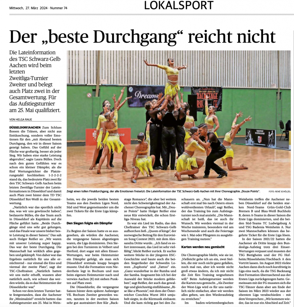 Presseartikel der Aachener Zeitung vom 27.03.2024 zum Turnier in Dormagen