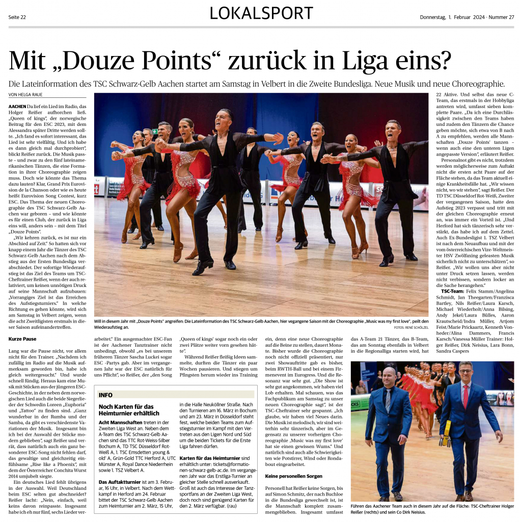 Zeitungsartikel zum 1. Turnier der 2. Bundesliga West 2024